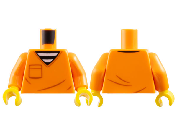 Torso Prison Jumpsuit Top with Dark Orange Pocket and Wrinkles over Black and White Striped Undershirt Pattern / Orange Arms / Yellow Hands
