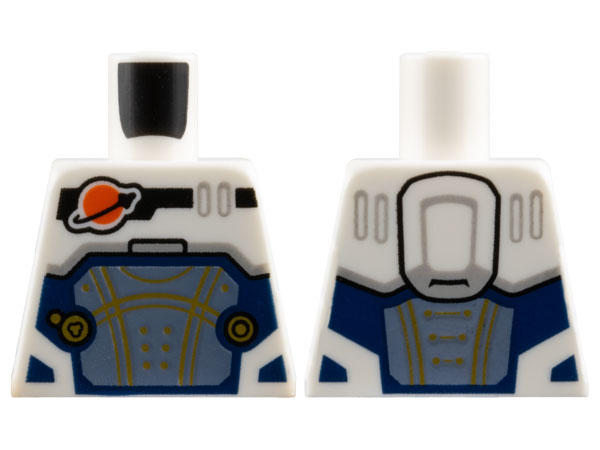 Torso Reddish Orange and Black Classic Space Logo, Sand Blue Panel with Gold Lines, Dark Blue Trim Pattern