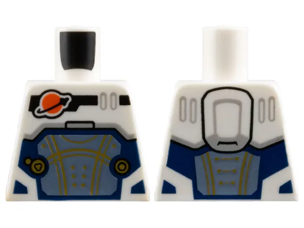 Torso Reddish Orange and Black Classic Space Logo, Sand Blue Panel with Gold Lines, Dark Blue Trim Pattern
