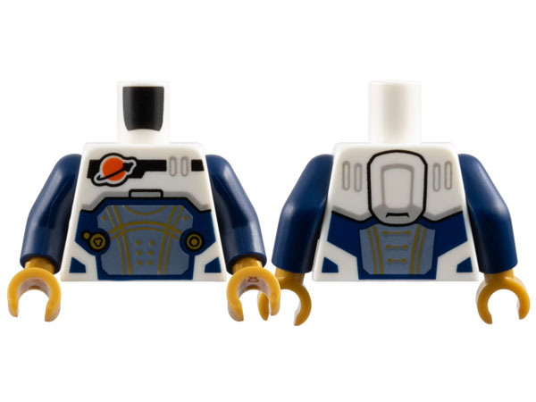 Torso Reddish Orange and Black Classic Space Logo, Sand Blue Panel with Gold Lines, Dark Blue Trim Pattern / Dark Blue Arms / Pearl Gold Hands