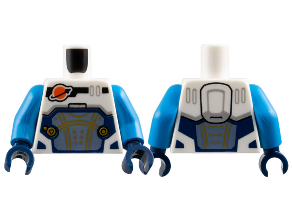 Torso Reddish Orange and Black Classic Space Logo, Sand Blue Panel with Gold Lines, Dark Blue Trim Pattern / Dark Azure Arms / Dark Blue Hands