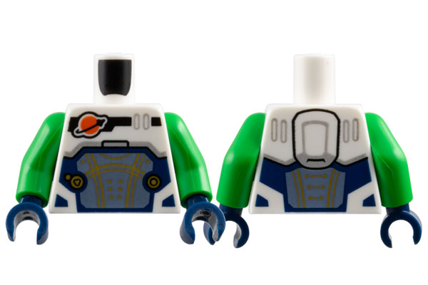 Torso Reddish Orange and Black Classic Space Logo, Sand Blue Panel with Gold Lines, Dark Blue Trim Pattern / Bright Green Arms / Dark Blue Hands