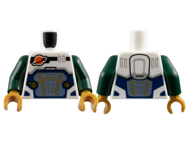 Torso Reddish Orange and Black Classic Space Logo, Sand Blue Panel with Gold Lines, Dark Blue Trim Pattern / Dark Green Arms / Pearl Gold Hands