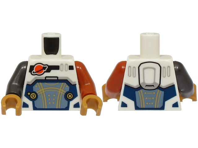 Torso Reddish Orange and Black Classic Space Logo, Sand Blue Panel with Gold Lines, Dark Blue Trim Pattern / Dark Orange Arm Left / Pearl Dark Gray Arm Right / Pearl Gold Hands