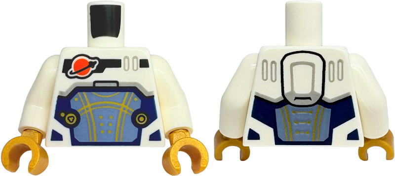 Torso Reddish Orange and Black Classic Space Logo, Sand Blue Panel with Gold Lines, Dark Blue Trim Pattern / White Arms / Pearl Gold Hands