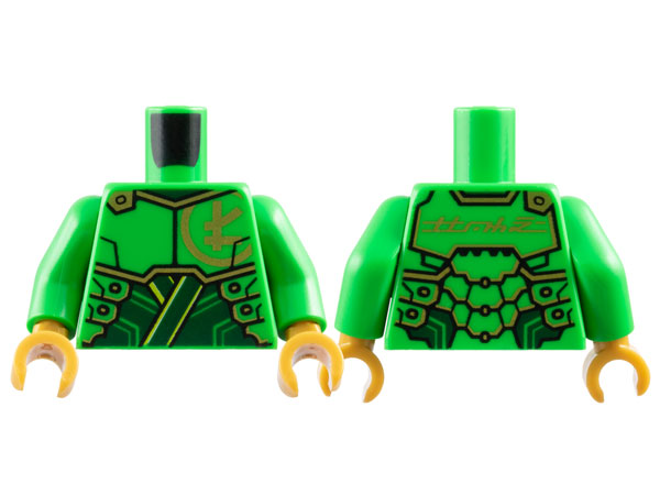 Torso Armor Plates over Dark Green Tunic, Gold Trim and Ninjago Logogram Letter L, 'LLOYD' on Back Pattern / Bright Green Arms / Pearl Gold Hands