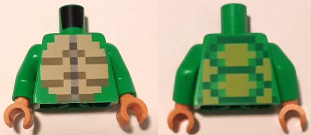 Torso Pixelated Olive Green, Tan and Light Bluish Gray Stomach, Lime and Green Shell on Back Pattern (Minecraft Turtle Skin Warrior) / Bright Green Arms / Nougat Hands
