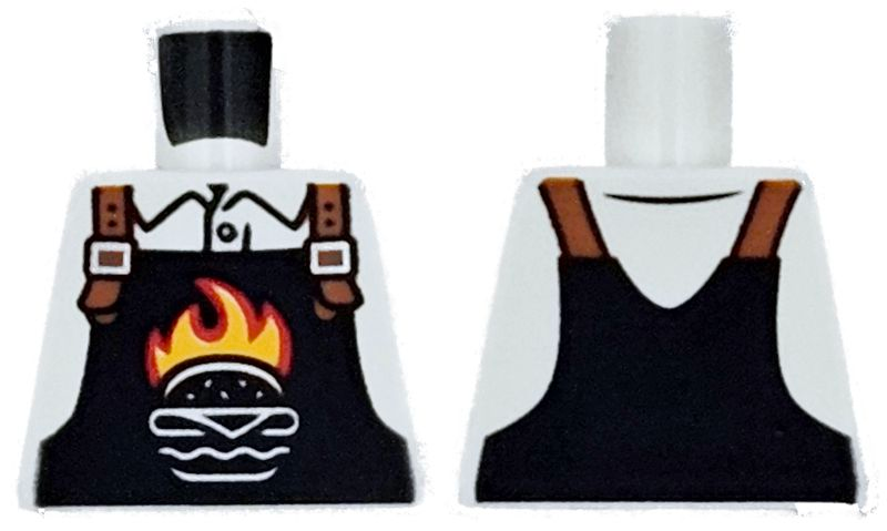 Torso Black Overalls with Burger Outline, Red and Bright Light Orange Flames and Dark Orange Straps over Shirt Pattern