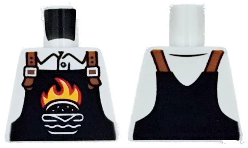 Torso Black Overalls with Burger Outline, Red and Bright Light Orange Flames and Dark Orange Straps over Shirt Pattern