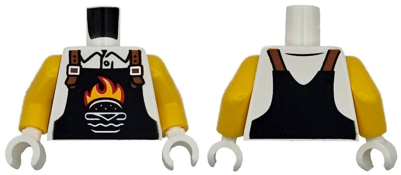 Torso Black Overalls with Burger Outline, Red and Bright Light Orange Flames and Dark Orange Straps over Shirt Pattern / Yellow Arms / White Hands