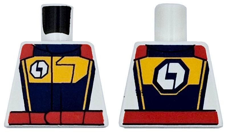 Torso Racing Suit with Logo and Bright Light Orange Chest and Stripes on Dark Blue Panel, Red Belt and Shoulders Pattern