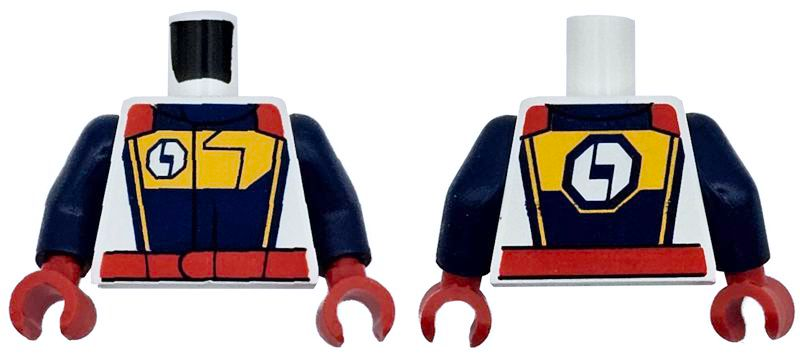 Torso Racing Suit with Logo and Bright Light Orange Chest and Stripes on Dark Blue Panel, Red Belt and Shoulders Pattern / Dark Blue Arms / Red Hands