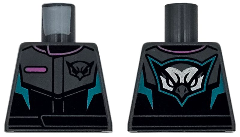 Torso Racing Suit with Dark Pink Pocket and Collar Trim, Dark Turquoise Angled Panels, Black Hawk Head Logo Pattern