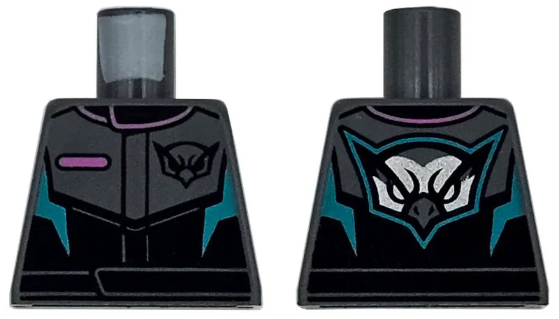 Torso Racing Suit with Dark Pink Pocket and Collar Trim, Dark Turquoise Angled Panels, Black Hawk Head Logo Pattern