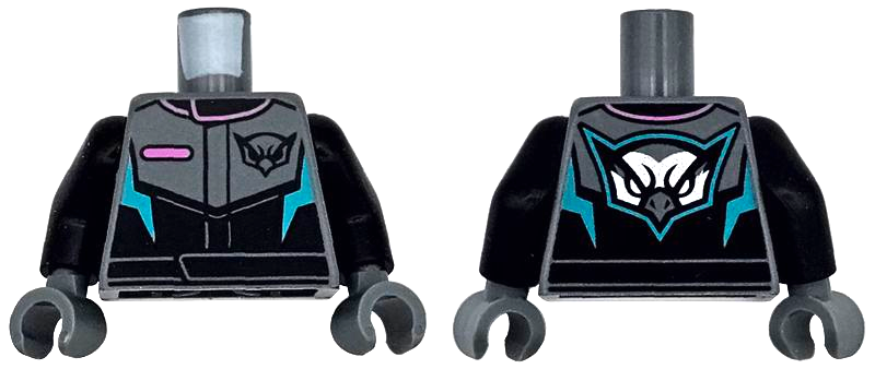 Torso Racing Suit with Dark Pink Pocket and Collar Trim, Dark Turquoise Angled Panels, Black Hawk Head Logo Pattern / Black Arms / Dark Bluish Gray Hands