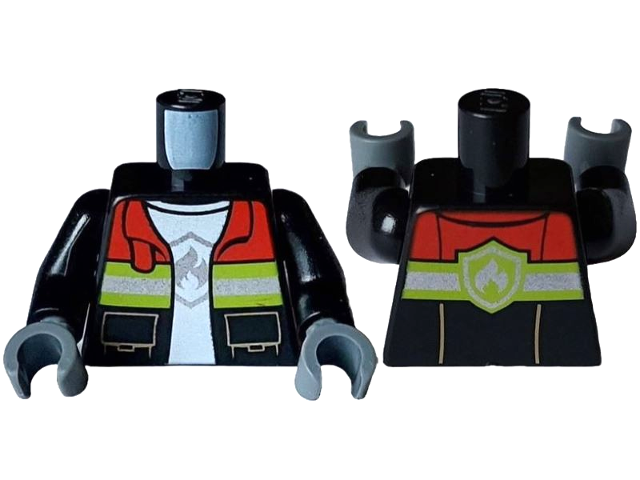Torso Fire Jacket Open with Pockets, Red Collar, and Silver and Lime Reflective Stripes over White T-Shirt with Fire Logo Badge Pattern / Black Arms / Dark Bluish Gray Hands