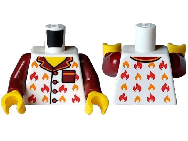 Torso Pajama Shirt with Buttons, Dark Red Pocket and Collar, Red and Orange Flames, Yellow Neck Pattern / Dark Red Arms / Yellow Hands