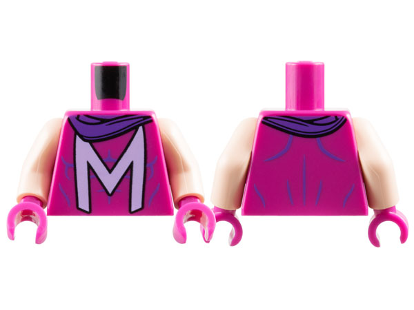 Torso Super Hero Costume with Muscles Outline and Lavender Capital Letter M, Dark Purple Scarf Pattern / Light Nougat Arms / Magenta Hands