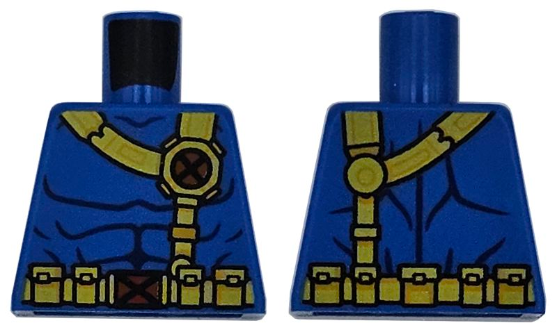 Torso Super Hero Costume with Dark Blue Muscles Outline, Yellow Belts with Pouches and Red X-Men Logo Buckles Pattern