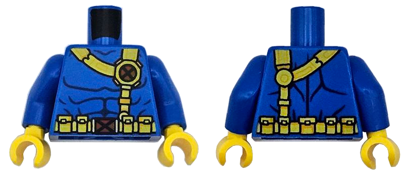 Torso Super Hero Costume with Dark Blue Muscles Outline, Yellow Belts with Pouches and Red X-Men Logo Buckles Pattern / Blue Arms / Yellow Hands