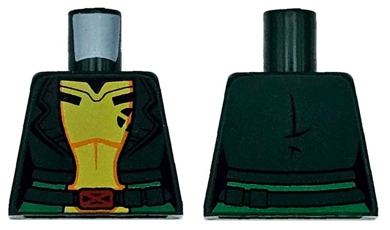 Torso Super Hero Costume Jacket over Yellow Shirt with Orange Highlights, Black Stripes with Red Belt Buckle and Green Sash Pattern