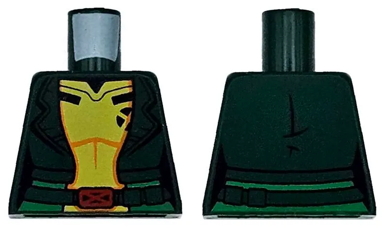 Torso Super Hero Costume Jacket over Yellow Shirt with Orange Highlights, Black Stripes with Red Belt Buckle and Green Sash Pattern
