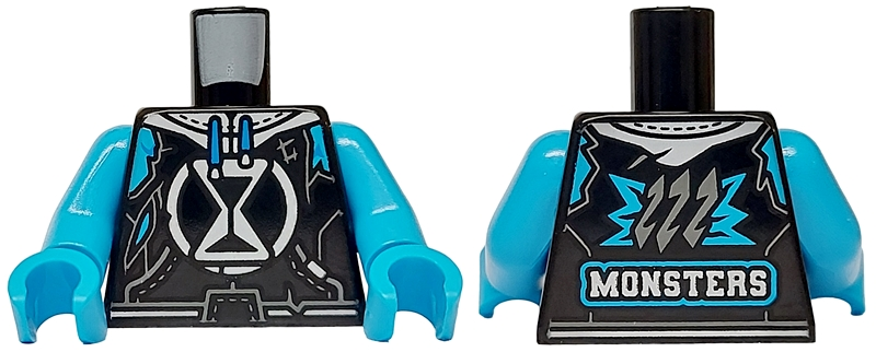 Torso Hoodie with White Hourglass and Hood, Dark Bluish Gray Pockets and Stitching, 'MONSTERS' on Back Pattern / Dark Azure Arms / Dark Azure Hands