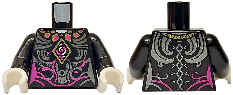 Torso Magenta and Silver Swirls, Gold Diamond and Necklace, Tied on Back Pattern / Black Arms / White Hands