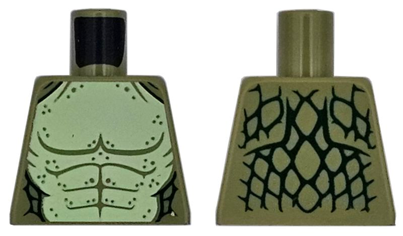 Torso Lizard Costume, Dark Green Scales and Yellowish Green Bare Chest with Olive Green Muscles Pattern