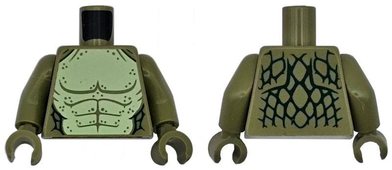 Torso Lizard Costume, Dark Green Scales and Yellowish Green Bare Chest with Olive Green Muscles Pattern / Olive Green Arms / Olive Green Hands