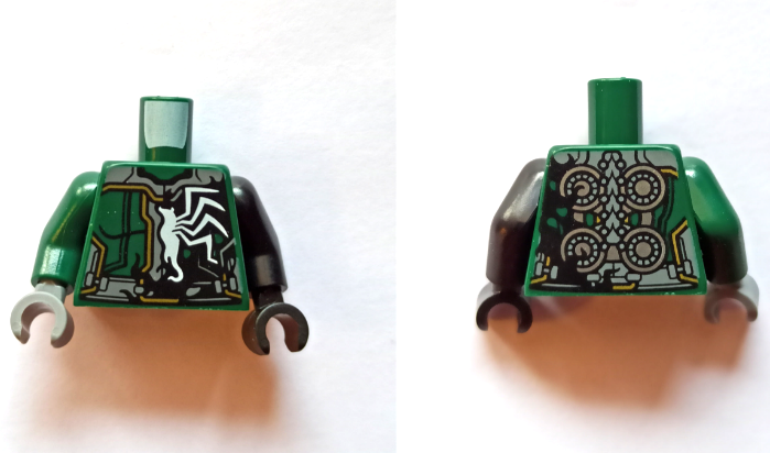 Torso Half Armor / Venom with Dark Bluish Gray and Green Panels, Gold Accents, Silver Circles on Back and Black Smudge Pattern / Black Arm Left / Dark Green Arm Right / Black Hand Left / Dark Bluish Gray Hand Right