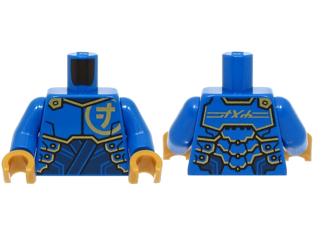Torso Armor Plates over Dark Blue Tunic, Gold Trim and Ninjago Logogram Letter J, 'JAY' on Back Pattern / Blue Arms / Pearl Gold Hands