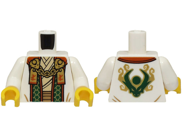 Torso Robe with Dark Green and Dark Orange Trim, Tan Shirt, Gold Chain with Tags with Ninjago Logogram Letter L Pattern / White Arms / Yellow Hands