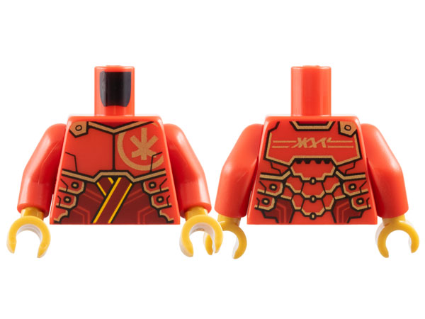 Torso Armor Plates with Gold Ninjago Logogram 'K' on Front and 'KAI' on Back over Dark Red Tunic with Bright Light Orange Trim Pattern / Red Arms / Pearl Gold Hands