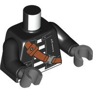 Torso Jacket Open with Pocket and Zipper over Shirt with White Prison Stripes, Dark Orange Strap with Pouch and Silver Buckle Pattern / Black Arms / Dark Bluish Gray Hands