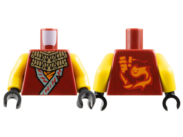 Torso Ninja Robe with Sand Blue Hems and Red Lines over Orange Shirt, Dark Tan Ornate Necklace, Ninjago Logogram 'WF!' and Flame with Face Logo on Back Pattern / Yellow Arms / Black Hands