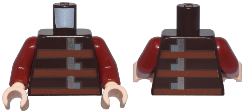 Torso Pixelated Armor with Reddish Brown Stripes and Silver and Dark Bluish Gray Buckles Pattern / Dark Red Arms / Light Nougat Hands