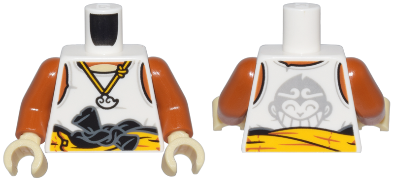 Torso Tank Top, Necklace, Black and Bright Light Orange Racing Suit Tied at Waist, and Monkie Kid Logo Pattern / Dark Orange Arms / Tan Hands