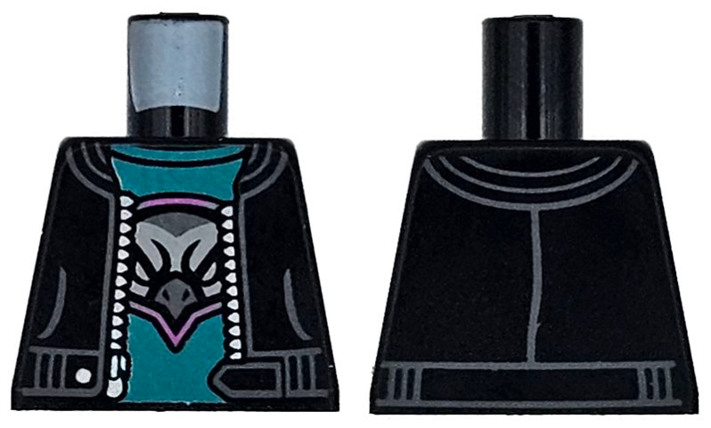 Torso Jacket Open with Pockets and Silver Zipper over Dark Turquoise Shirt with Dark Pink, Dark Bluish Gray, and Light Bluish Gray Hawk Head Logo Pattern