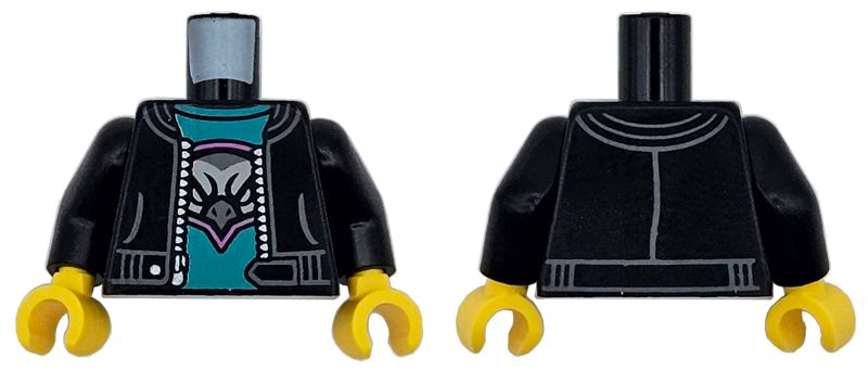 Torso Jacket Open with Pockets and Silver Zipper over Dark Turquoise Shirt with Dark Pink, Dark Bluish Gray, and Light Bluish Gray Hawk Head Logo Pattern / Black Arms / Yellow Hands