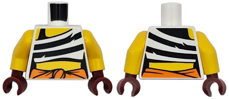 Torso Female Tank Top Cropped with Black Stripes, Orange Knotted Sash, Yellow Neck, Shoulder, and Stomach Pattern / Yellow Arms / Dark Red Hands