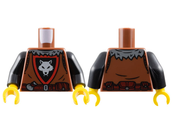Torso Castle Wolfpack with Black and Red Shield, Light Bluish Gray Wolf, Dark Bluish Gray Collar and Dark Red Belt with Pouches Pattern / Black Arms / Yellow Hands