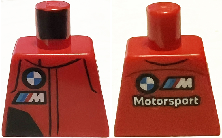 Torso Racing Suit with Black Panel, BMW Motorsport Logo, White Capital Letter M with Red, Blue and Dark Azure Diagonal Stripes Pattern