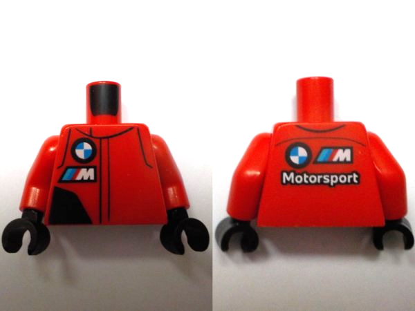 Torso Racing Suit with Black Panel, BMW Motorsport Logo, White Capital Letter M with Red, Blue and Dark Azure Diagonal Stripes Pattern / Red Arms / Black Hands