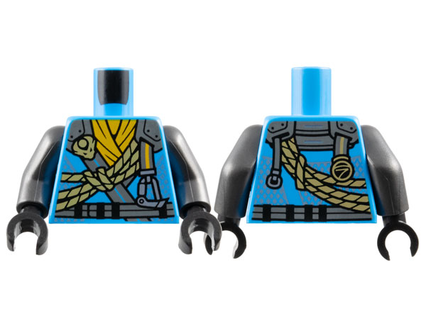 Torso Tunic with Dark Bluish Gray Shoulders, Bright Light Orange Scarf, Gold Dragon Head and Ropes and Silver Carabiner Pattern / Pearl Dark Gray Arms / Black Hands