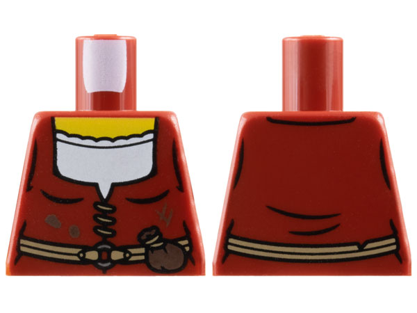 Torso Female Dress with Dark Brown Dirt Stains over White Shirt with Scalloped Collar, Dark Tan Belt with Pouch, Yellow Neck Pattern