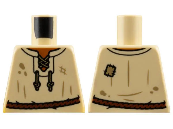 Torso Vest with Dark Tan Laces, Spots and Patch over Dark Orange Shirt, Reddish Brown Rope Belt Pattern