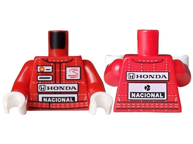 Torso Racing Suit with White Stitching in Grid and Shell, Senna, Honda, and Nacional Logos Pattern / Red Arms / White Hands