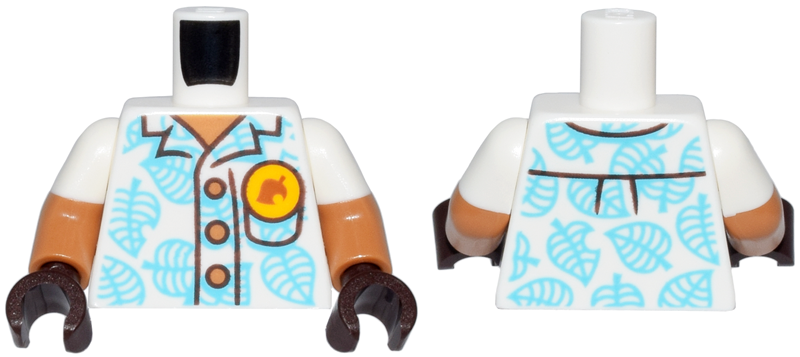 Torso Hawaiian Shirt with Medium Azure Leaves, Medium Nougat Buttons and Bright Light Orange Pin Pattern / Medium Nougat Arms with Molded White Short Sleeves Pattern / Dark Brown Hands