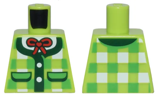 Torso Bright Green and White Plaid Vest with Dark Green Pockets and Trim, White Buttons and Shirt, and Red Bow Pattern